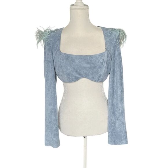 Hanifa Tops - HANIFA Blue Faux Suede Cropped Top with Feathers Size Medium